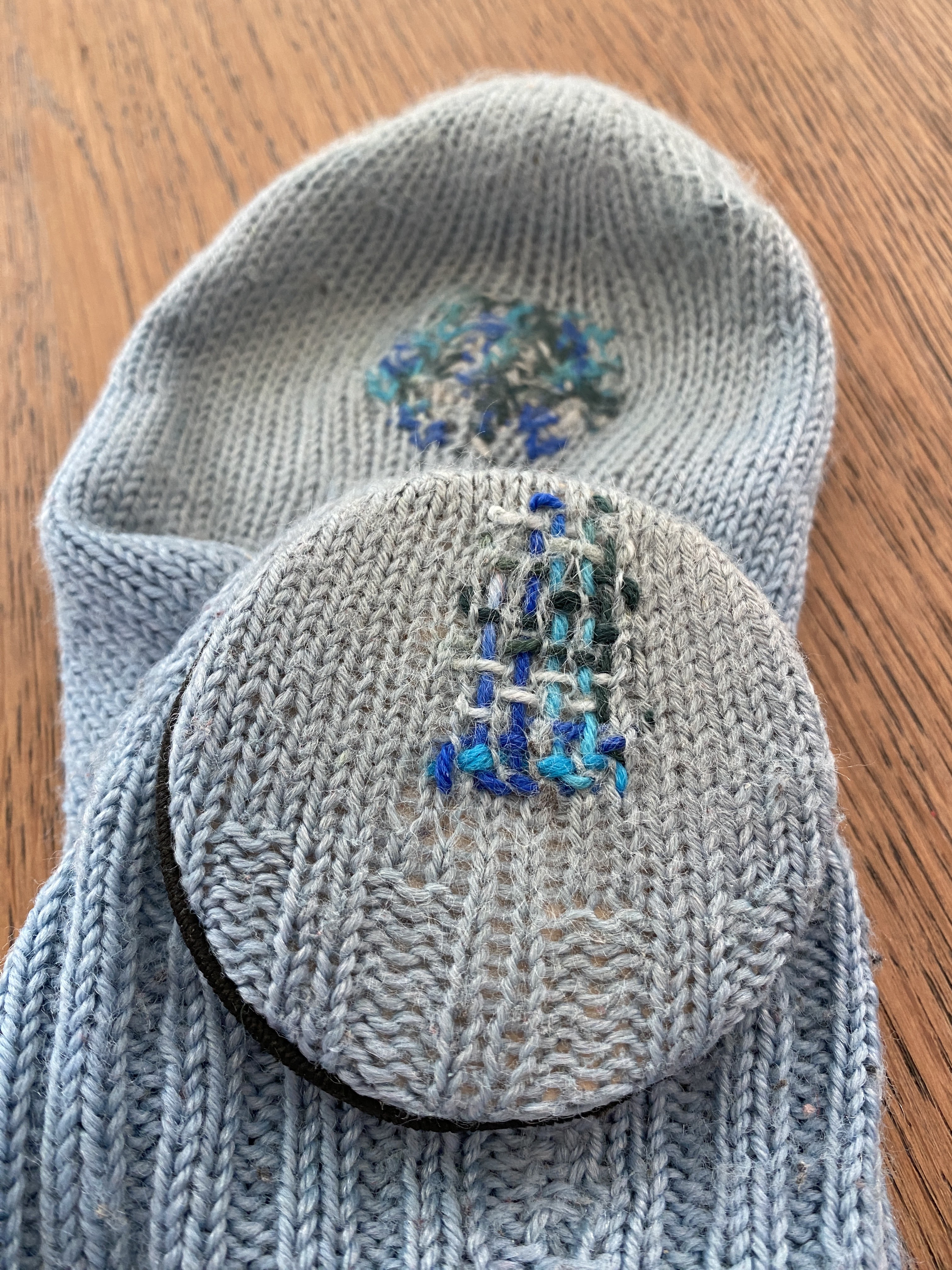 Kuva paikastusta sukasta liukuvärisinisellä parsinnalla