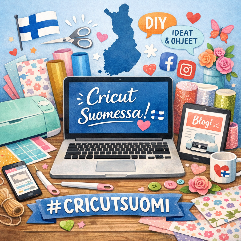 Kuvassa näkyy Cricut-kone, kannettava tietokone, älypuhelin ja monia askartelutarvikkeita, kuten paperia ja nauhoja. Taustalla on Suomen lippu ja kartta. Kuvassa on myös sosiaalisen median symboleja ja DIY-tekstiä.
