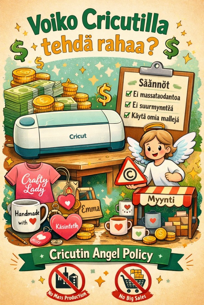 Tekoälyllä tuotettu piirretyn näköinen kuva, jossa monta Cricutleikkurilla tehtyä esinettä, Cricut-leikkuri, enkeli viittauksena Cricutin Angel Policyyn sekä kyltti Säännöistä