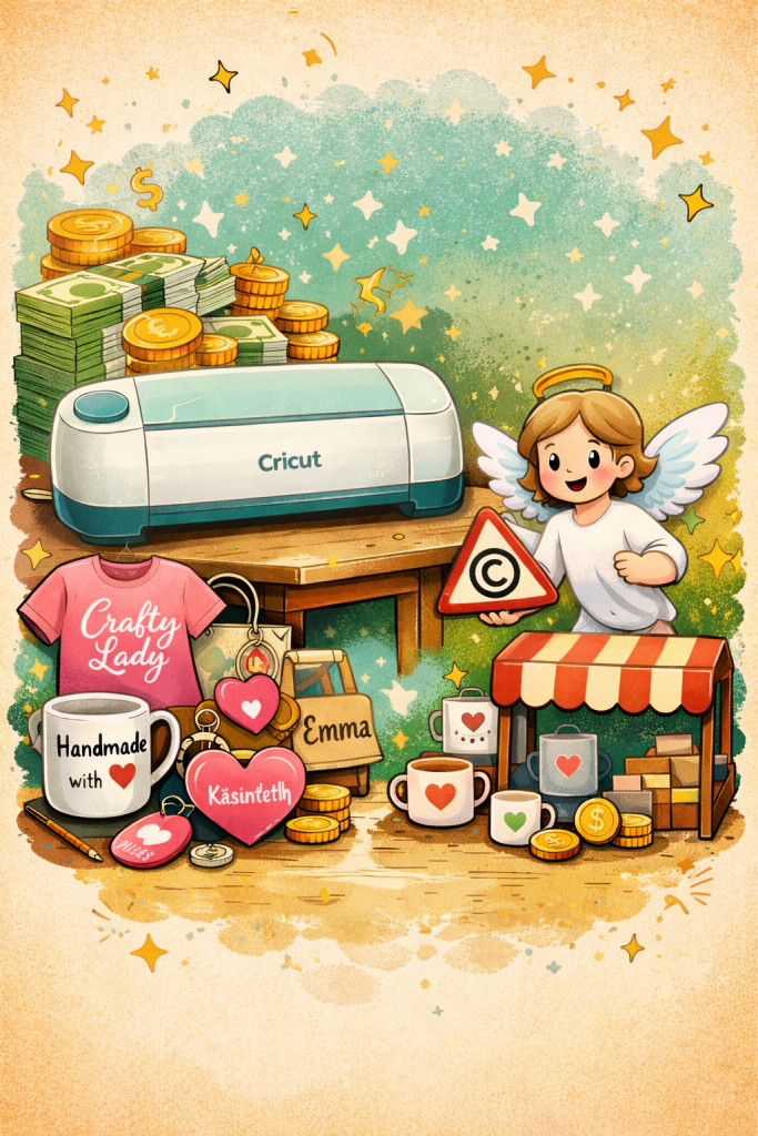 Kuvitus, jossa on Cricut-leikkuri, rahakasapino, kultaiset kolikot ja käsityöaiheisia esineitä kuten t-paita, mukit ja sydänkoristeet. Taustalla on enkeleitä ja kimallusta.